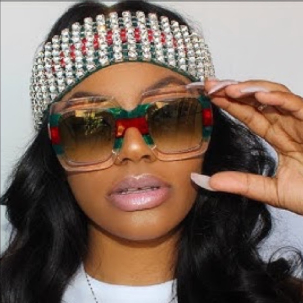 Gucci Glitter Oversized Sunglasses Green Red Gold GG Logo Runway Rare Full Set